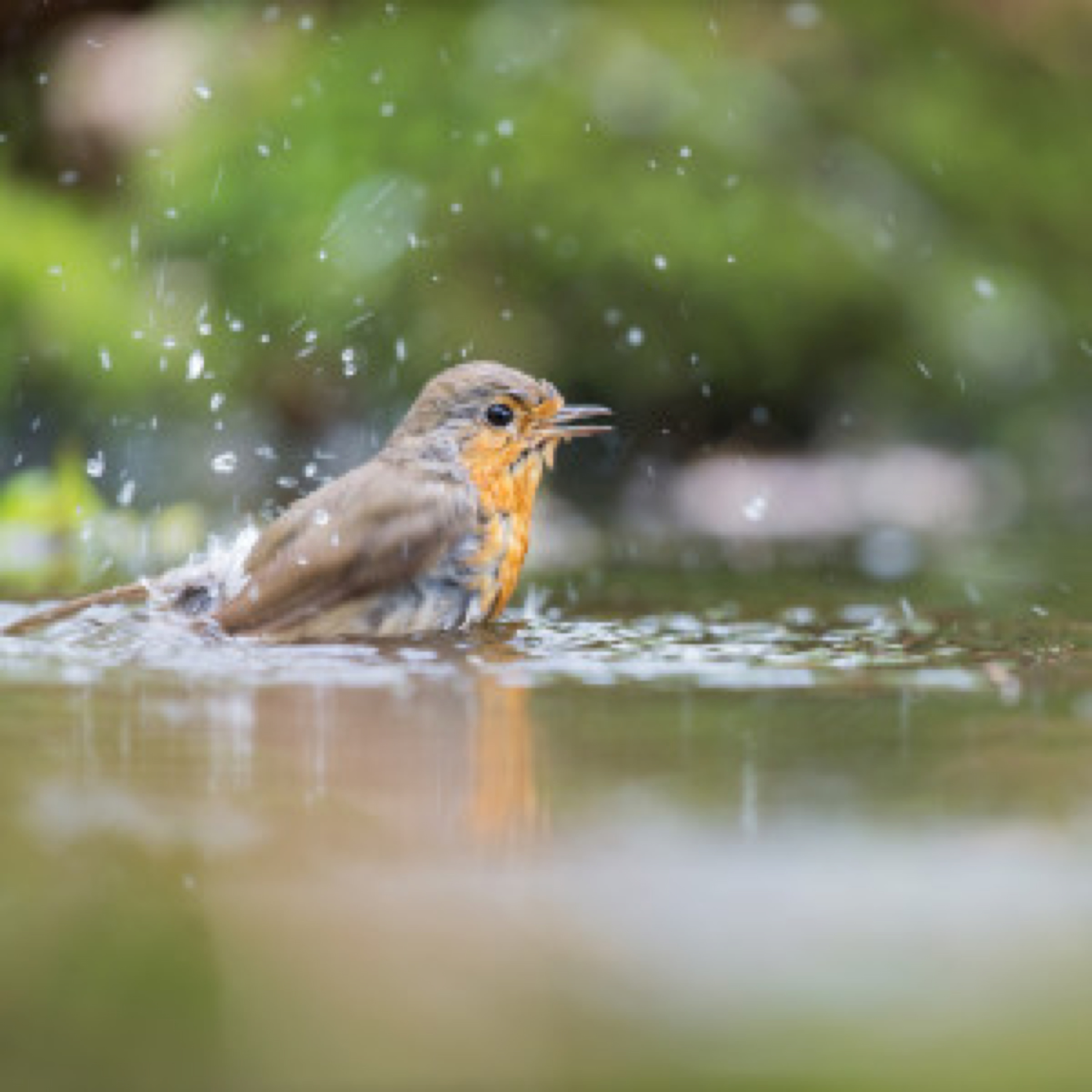 European Robin bird taking a bath