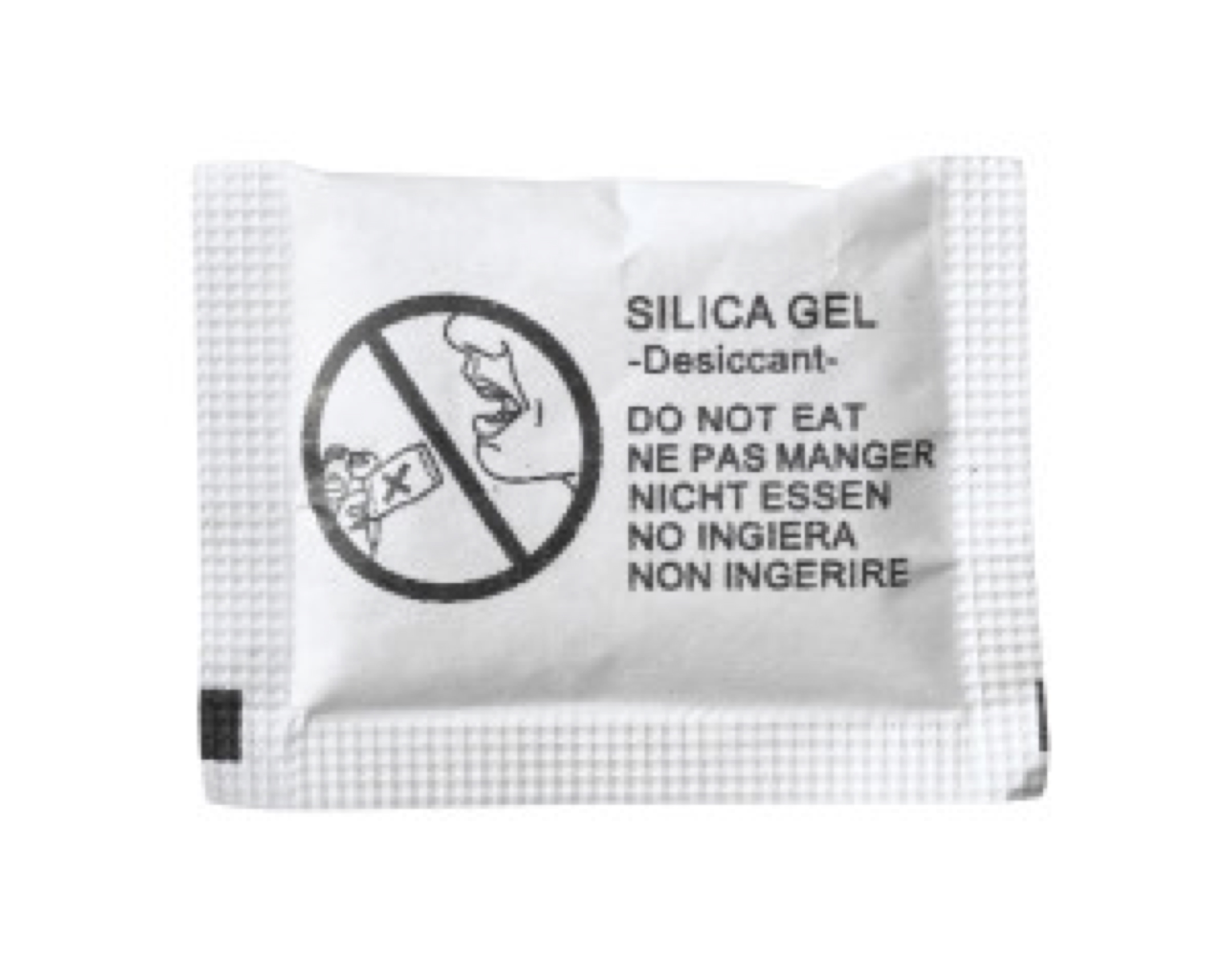 Silica gel bag with warning sign (with clipping path) isolated on white background